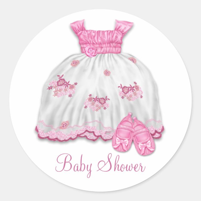 Pink Dress Booties Baby Shower Classic Round Sticker (Front)