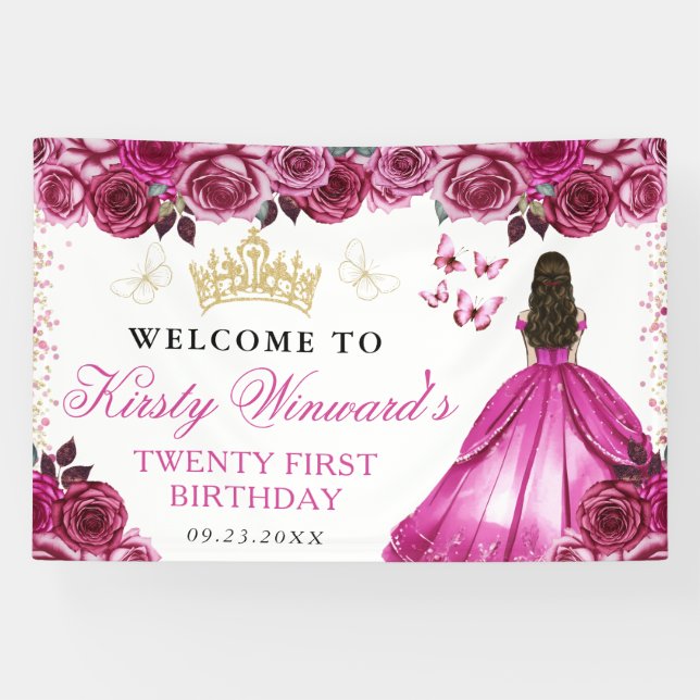 Pink Dress Brunette Princess Floral Birthday Banner (Horizontal)