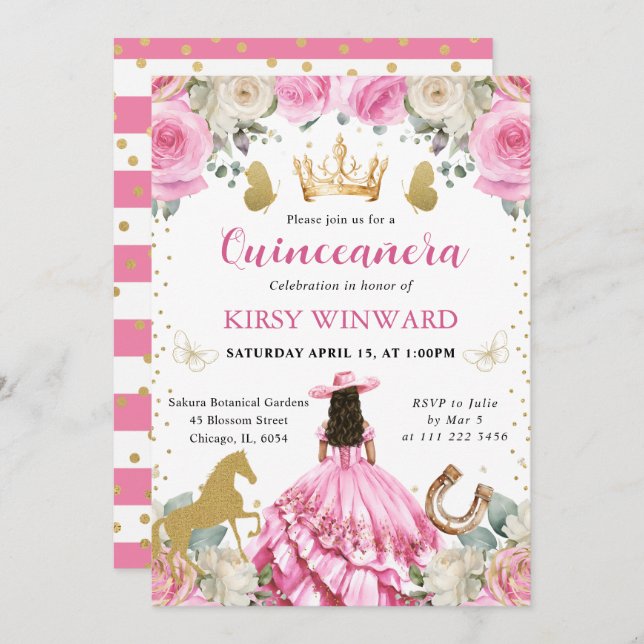 Pink Dress Brunette Western Princess Quinceanera Invitation (Front/Back)