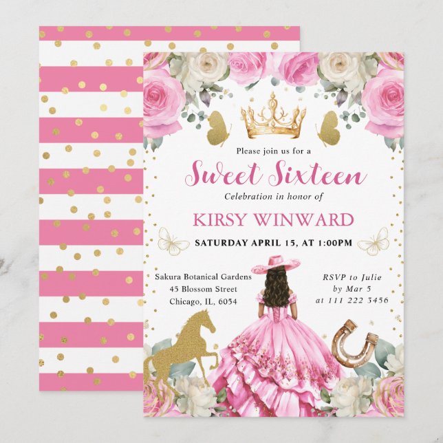 Pink Dress Brunette Western Princess Sweet 16 Invitation (Front/Back)