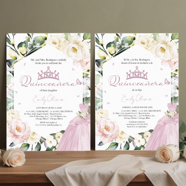 Pink Dress Butterfly Floral Quinceañera Bilingual Invitation (Creator Uploaded)