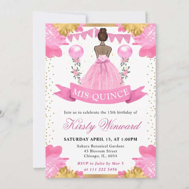 Pink Dress Dark Skin Princess Quinceanera Invitation (Front)