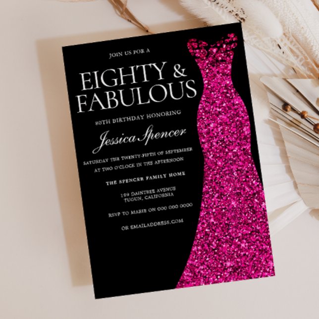 Pink Dress Eighty & Fabulous 80th Birthday Black Invitation (Creator Uploaded)