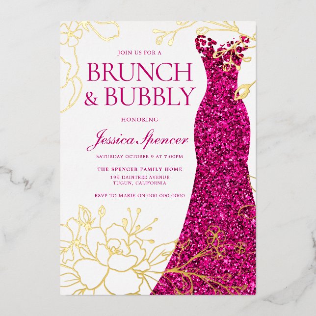Pink Dress Floral Brunch Bubbly Bridal Shower Gold (Front)