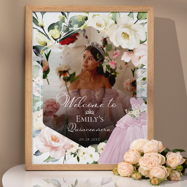 Pink Dress Floral Photo Quinceañe Welcome Sign (Creator Uploaded)