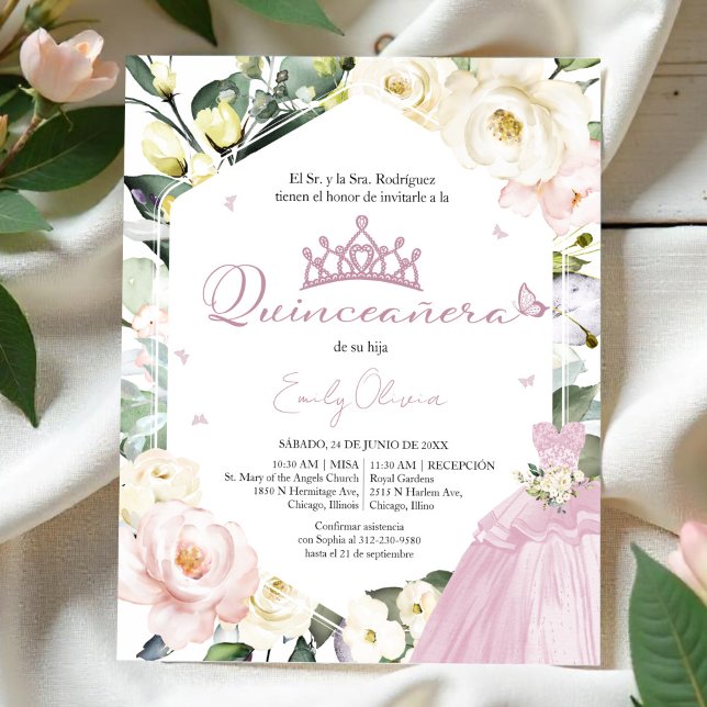 Pink Dress Floral Quinceañera Spanish Invitation   (Creator Uploaded)