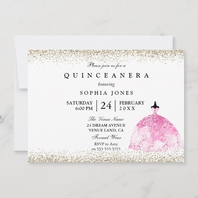 Pink Dress Gold Glitter Quinceanera invitation (Back)