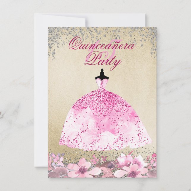 Pink Dress Gold Silver Glitter Quinceanera Invite (Front)