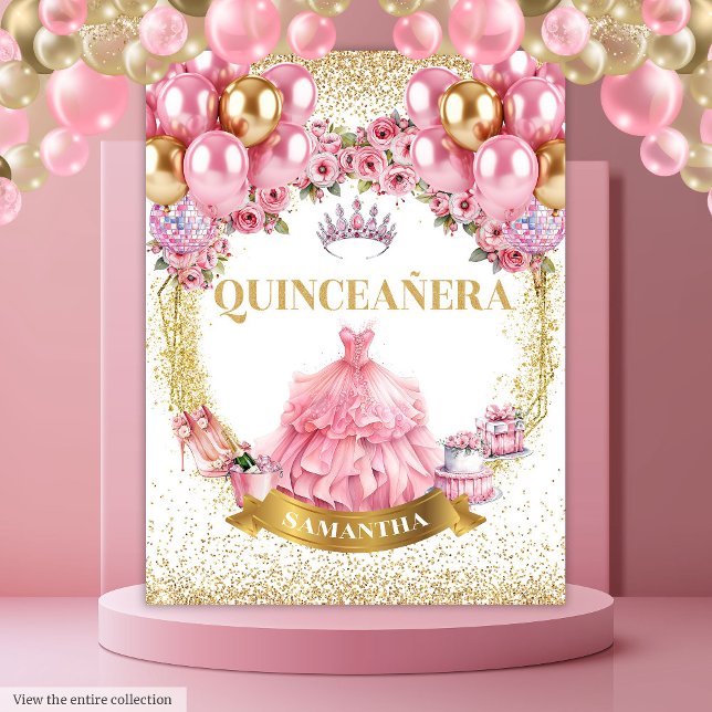 Pink Dress Quinceañera Backdrop Glitter Balloons Tapestry (Pink Dress Quinceañera Backdrop Glitter Balloons

)