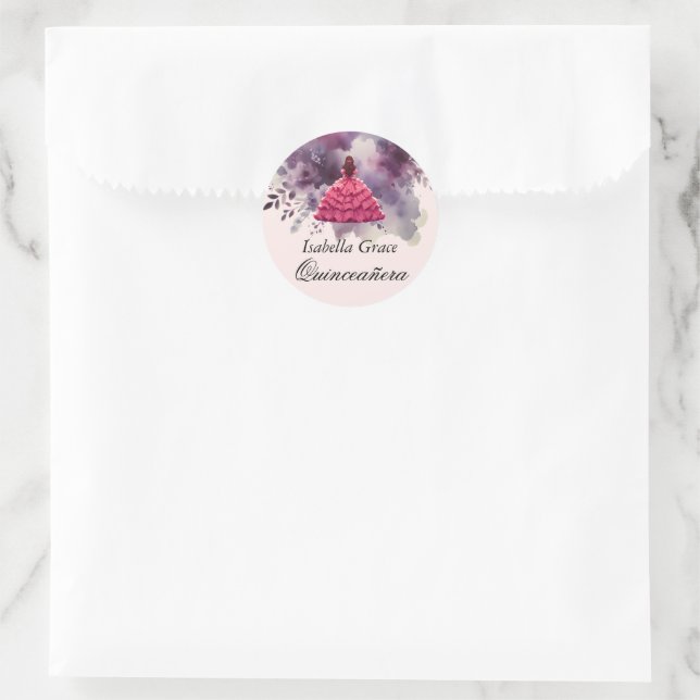 Pink Dress Quinceañera with Watercolor Purple Classic Round Sticker (Bag)