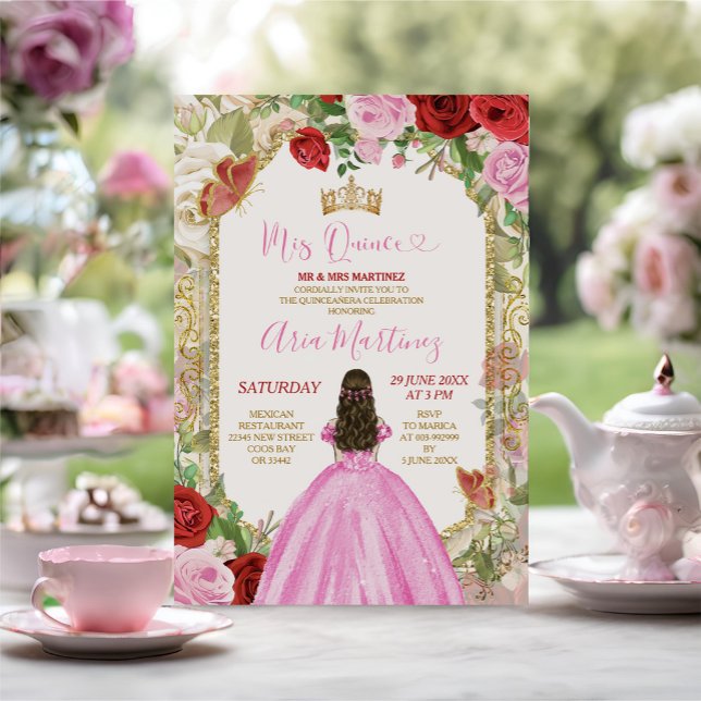 Pink Dress Red Flowers Princess Gold Mis Quince Invitation (Creator Uploaded)