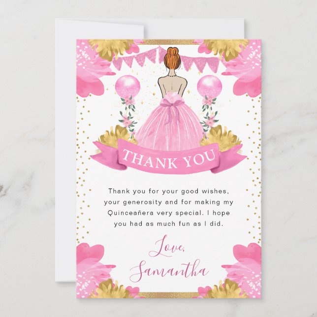 Pink Dress Red Haired Princess Quinceanera Thank You Card (Front)