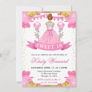 Pink Dress Red Haired Princess Sweet 16 Invitation