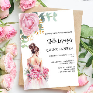Pink dress rose floral Quinceanera Invitation