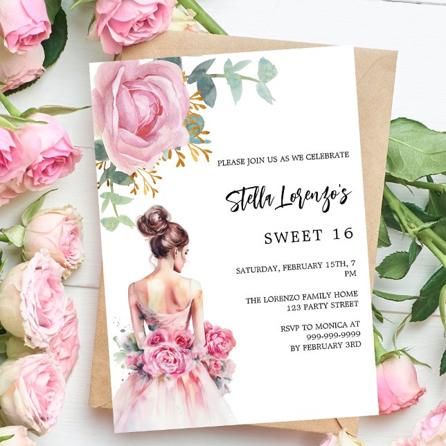 Pink dress rose floral Sweet 16 luxury Invitation (Creator Uploaded)