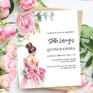 Pink dress rose Quinceanera budget invitation