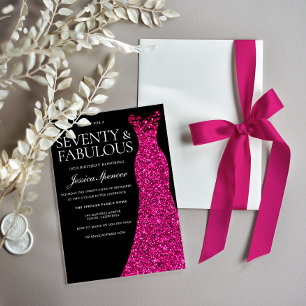 Pink Dress Seventy & Fabulous 70th Birthday Black Invitation