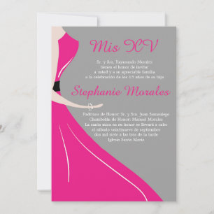 Pink Dress Silhouette Quinceanera Invitation