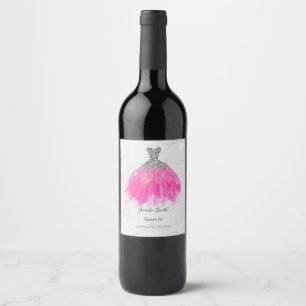 Pink dress silver glitter sweet sixteen wine label