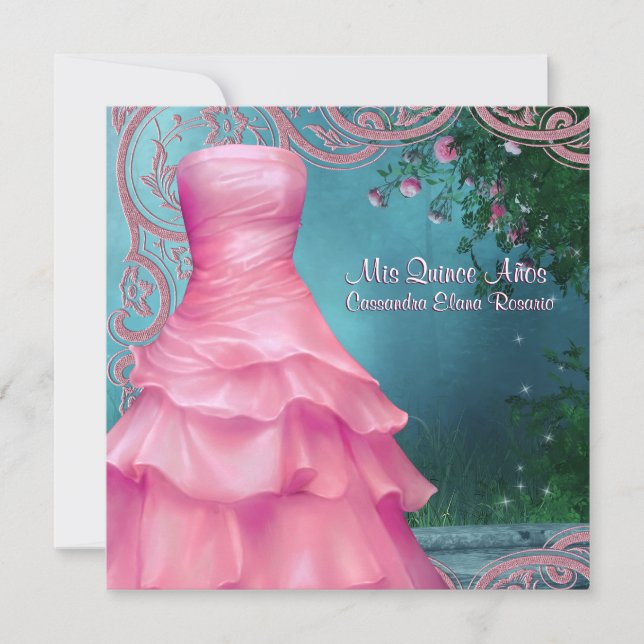 Pink Dress Teal Blue Pink Roses Quinceanera Invitation (Front)