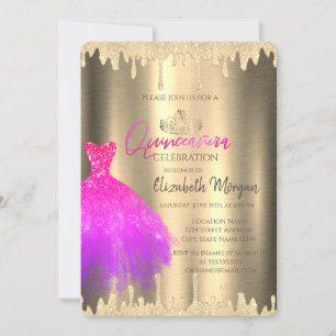 Pink Dress,Tiara,Glitter Drips Gold Quinceañera   Invitation