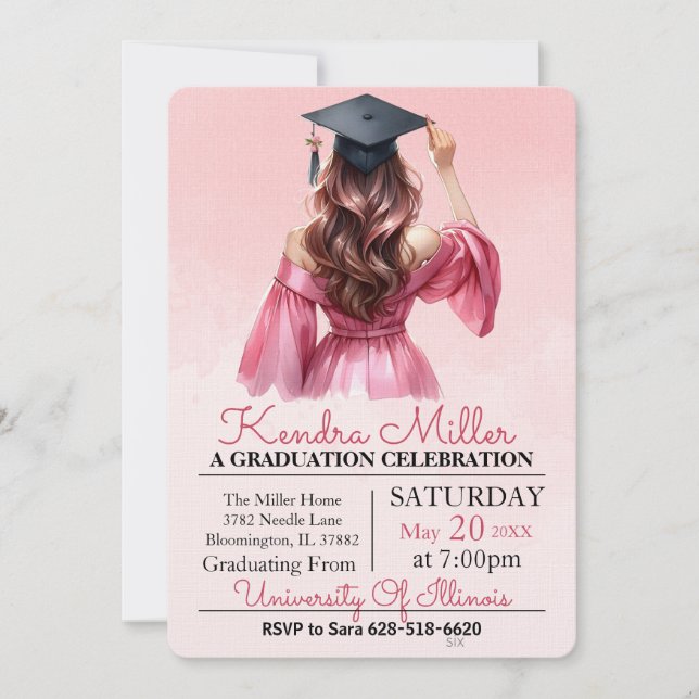 Pink Dress Watercolor Graduation Invitation (Front)