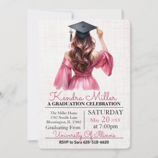 Pink Dress Watercolor Graduation Invitation (Front)