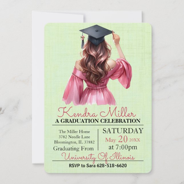 Pink Dress Watercolor Graduation Invitation (Front)