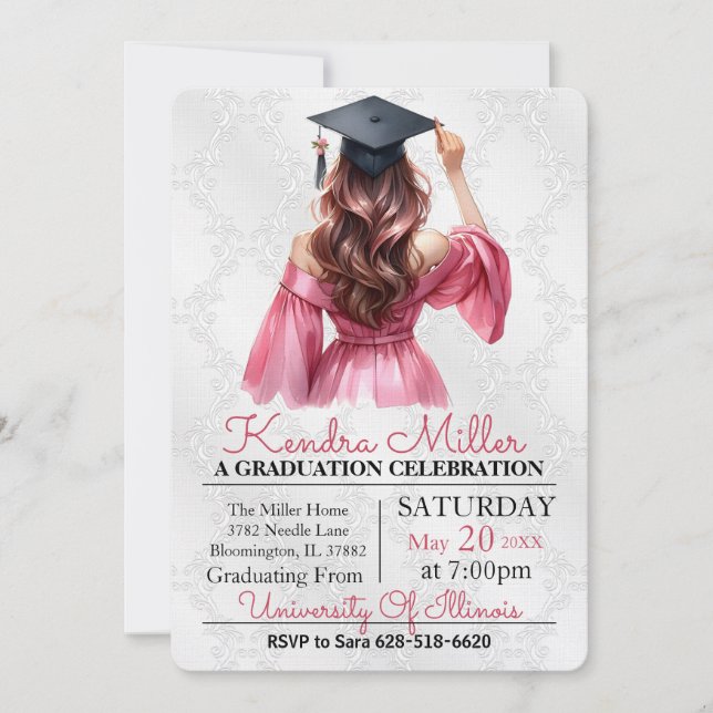Pink Dress Watercolor Graduation Invitation (Front)