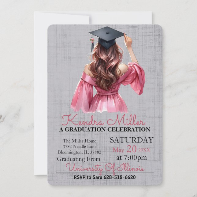 Pink Dress Watercolor Graduation Invitation (Front)