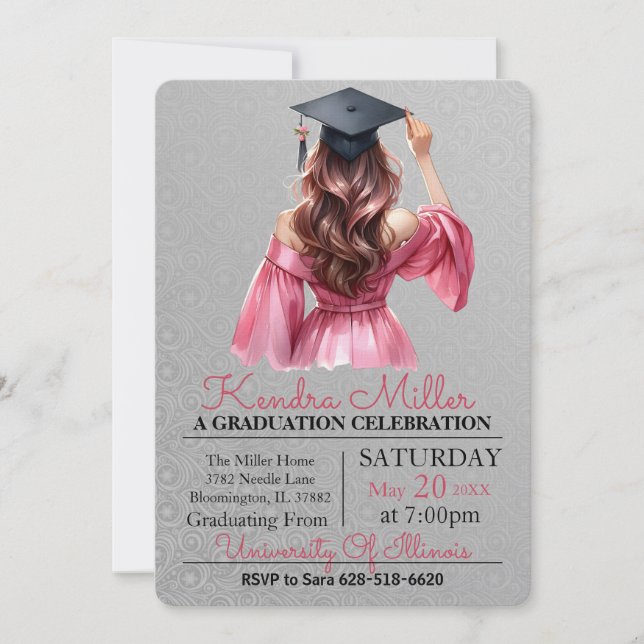 Pink Dress Watercolor Graduation Invitation (Front)