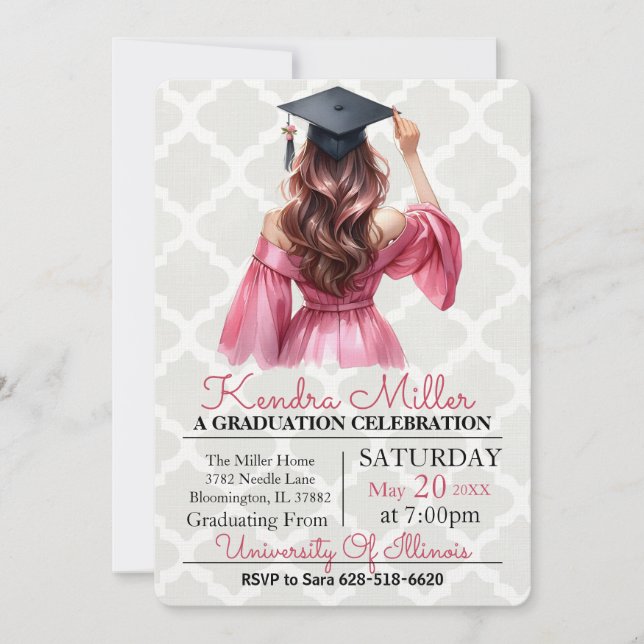 Pink Dress Watercolor Graduation Invitation (Front)