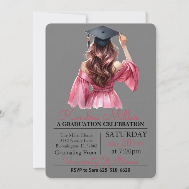 Pink Dress Watercolor Graduation Invitation (Front)