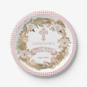 Pink Dried Floral Girl First Holy Communion Paper Plate