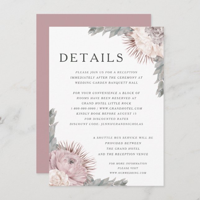 Pink Dried Flowers Wedding  Wedding Details Enclosure Card (Front/Back)