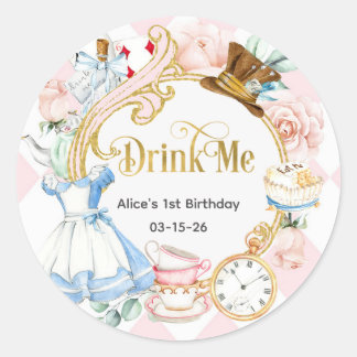 Pink, Drink me, Onederland 1st birthday favour Classic Round Sticker