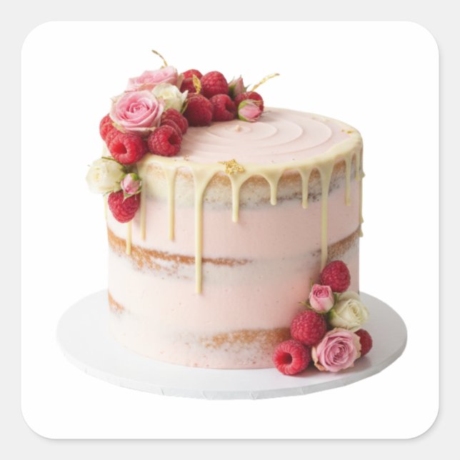 Pink Drip Cake with Roses & Berries Sticker (Front)