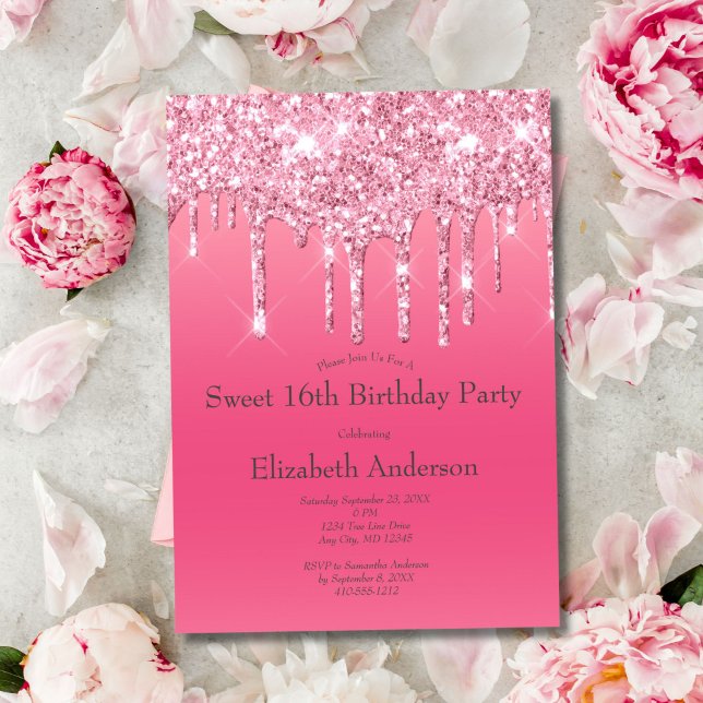 Pink Dripping Glitter Bling Sweet 16th Birthday Invitation (Pink Dripping Glitter Glam Bling 16th birthday party invitation)
