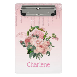 Pink Dripping Glitter Blush Pink Floral Bouquet Mini Clipboard
