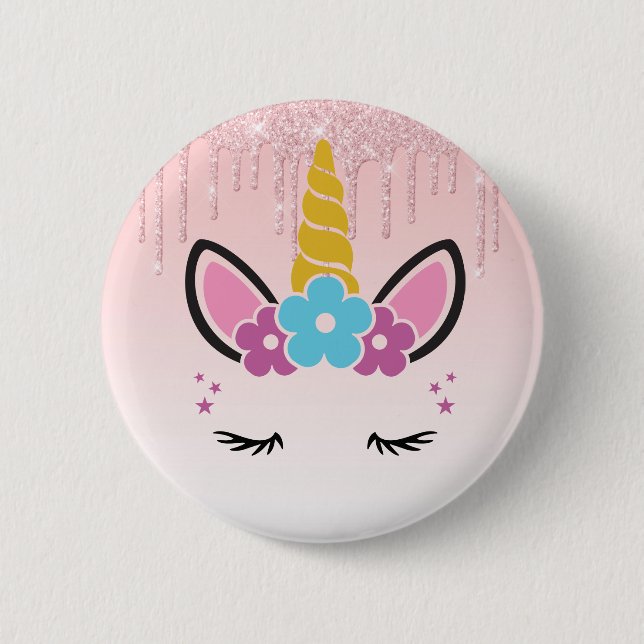 Pink Dripping Glitter Floral Unicorn 6 Cm Round Badge (Front)