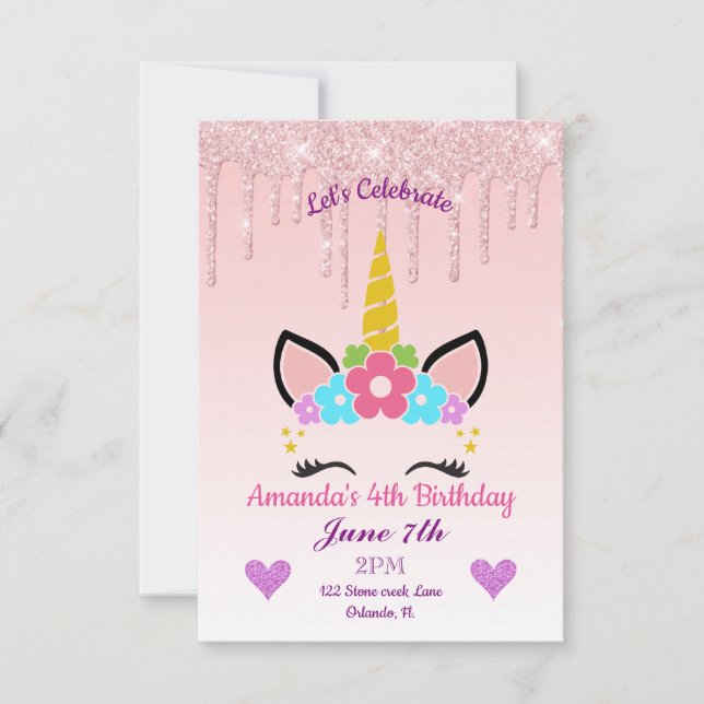 Pink Dripping Glitter/Floral Unicorn Birthday Invitation (Front)