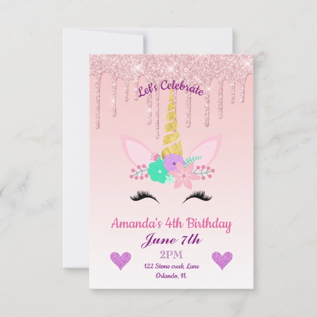 Pink Dripping Glitter/Floral Unicorn Birthday Invitation (Front)