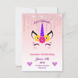 Pink Dripping Glitter/Floral Unicorn Birthday Invitation