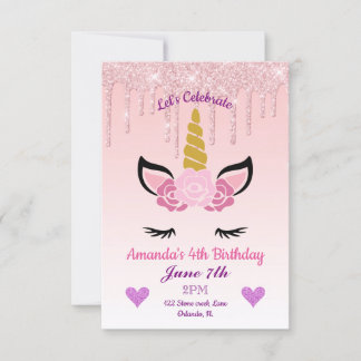 Pink Dripping Glitter/Floral Unicorn Birthday Invitation