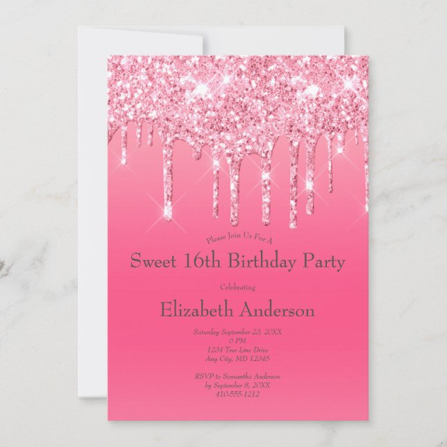 Pink Dripping Glitter Girly Chic 21st Birthday Invitation (Front)