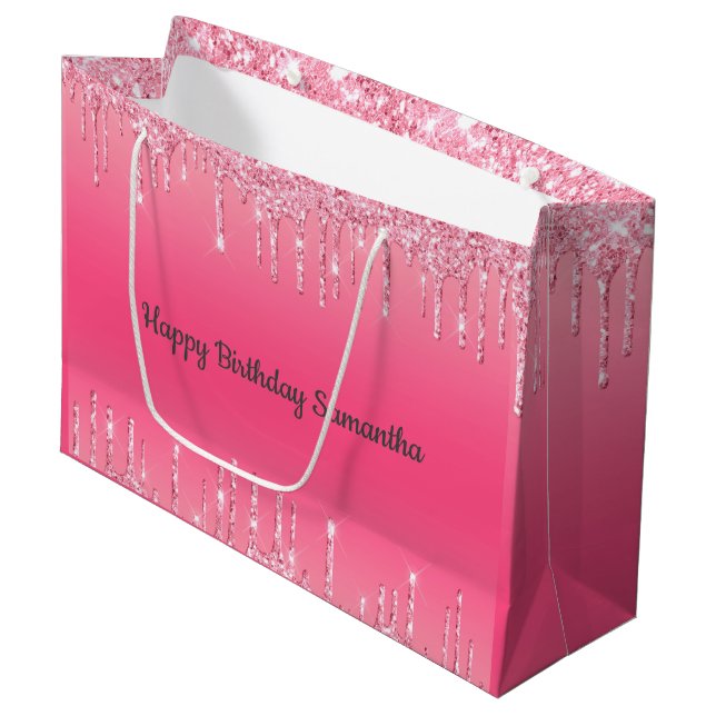 Pink Dripping Glitter Girly Trendy Chic Modern Large Gift Bag (Front Angled)