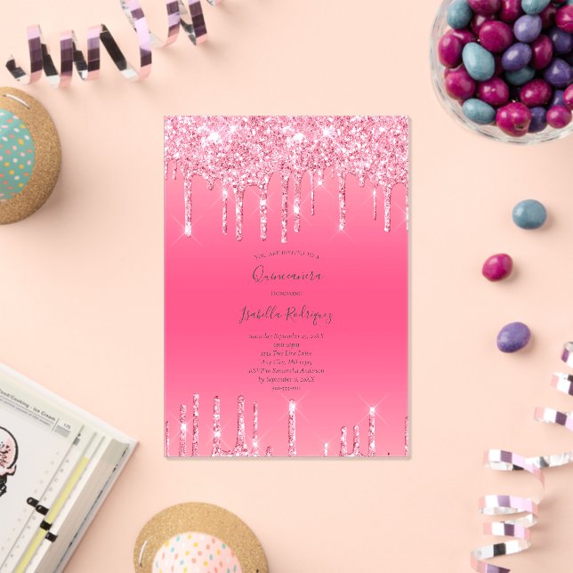 Pink Dripping Glitter Girly Trendy Quinceanera Acrylic Invitations (Insitu (Celebration))