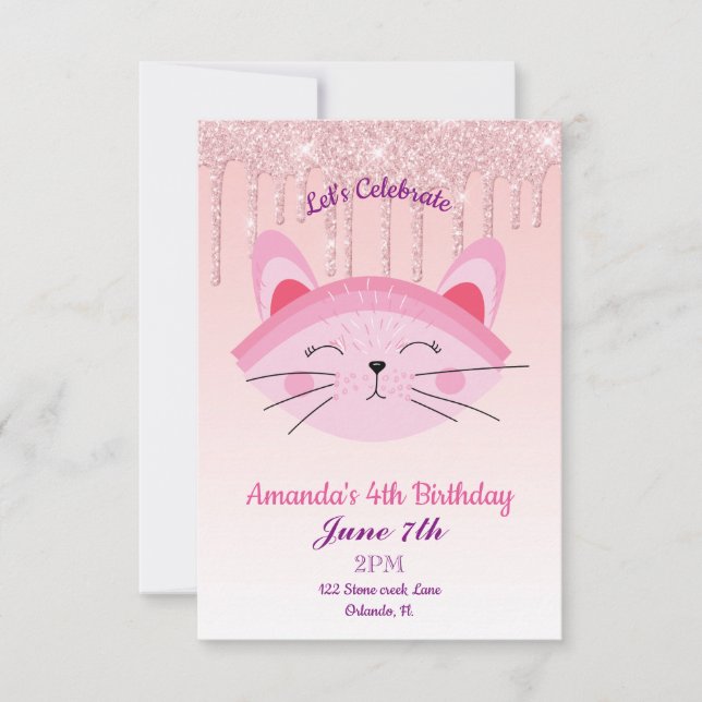 Pink Dripping Glitter Kitten Invitation (Front)