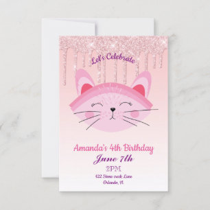 Pink Dripping Glitter Kitten Invitation