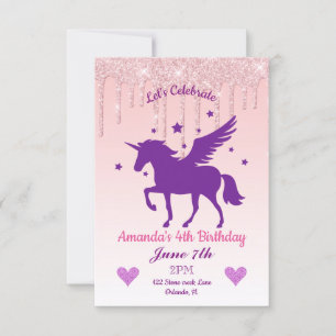 Pink Dripping Glitter/Purple Unicorn Birthday Invitation